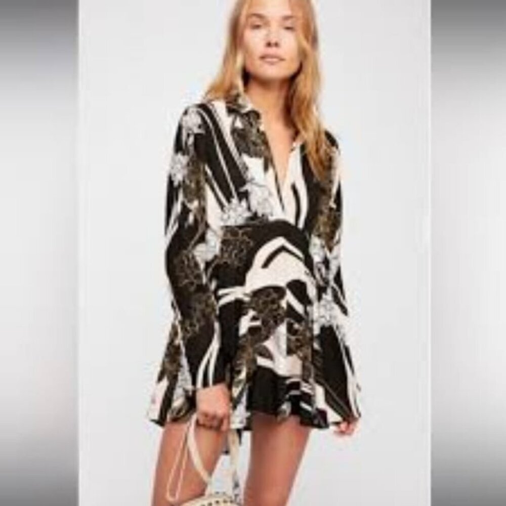 Free People Field of Flowers Floral Long Sleeve Mini  Dress Size Large
